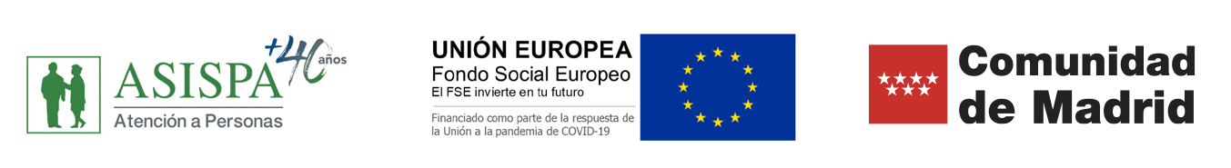 logotipo de asispa, logotipo del fondo social europeo y logo de la comunidad de madrid