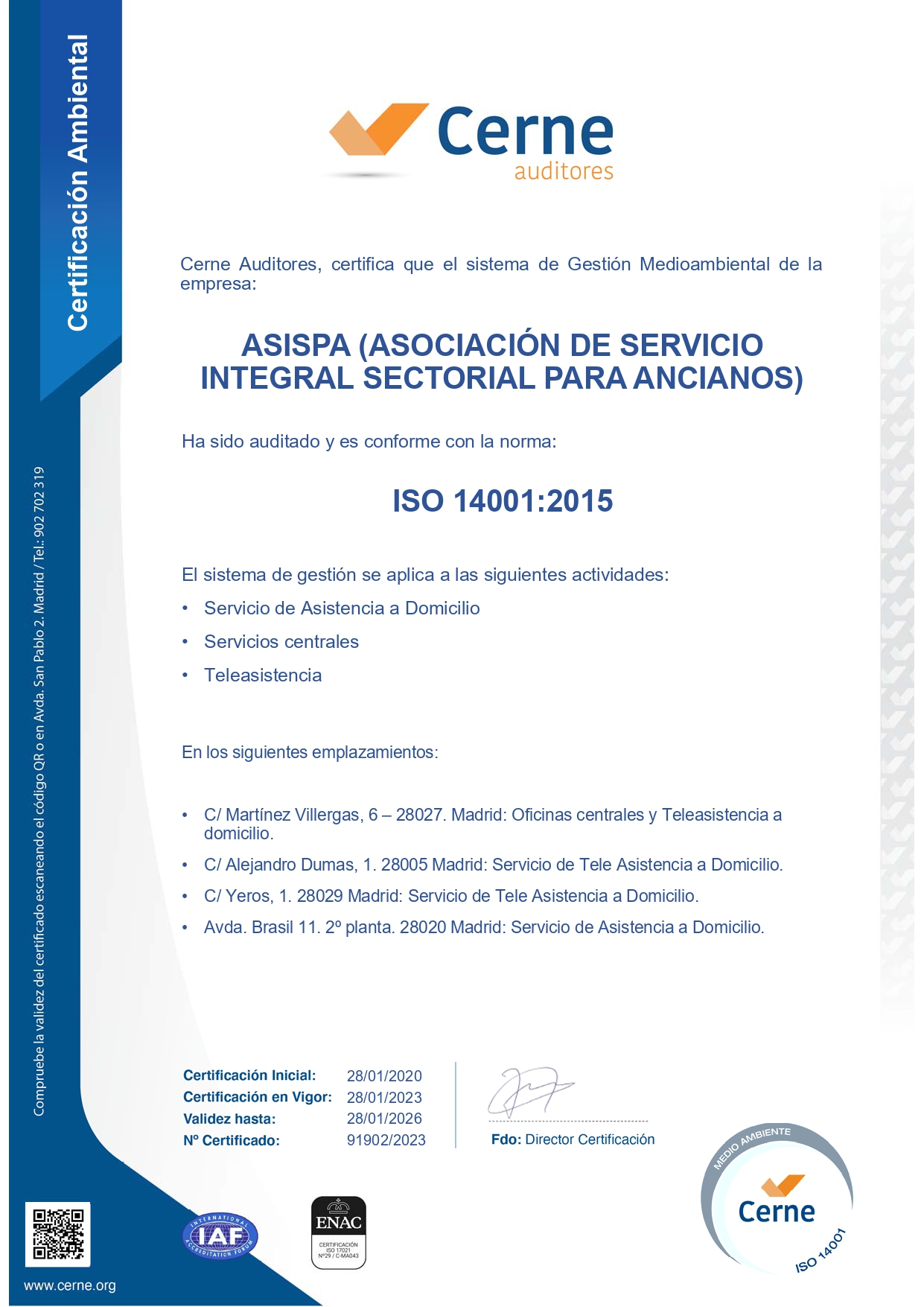 Certificado ASISPA ISO 14001