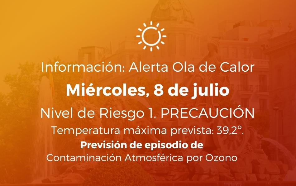 Alerta por Calor: Nivel 1 (Precaución) y alerta por contaminación atmosférica por ozono para hoy, miércoles 8 de julio de 2026